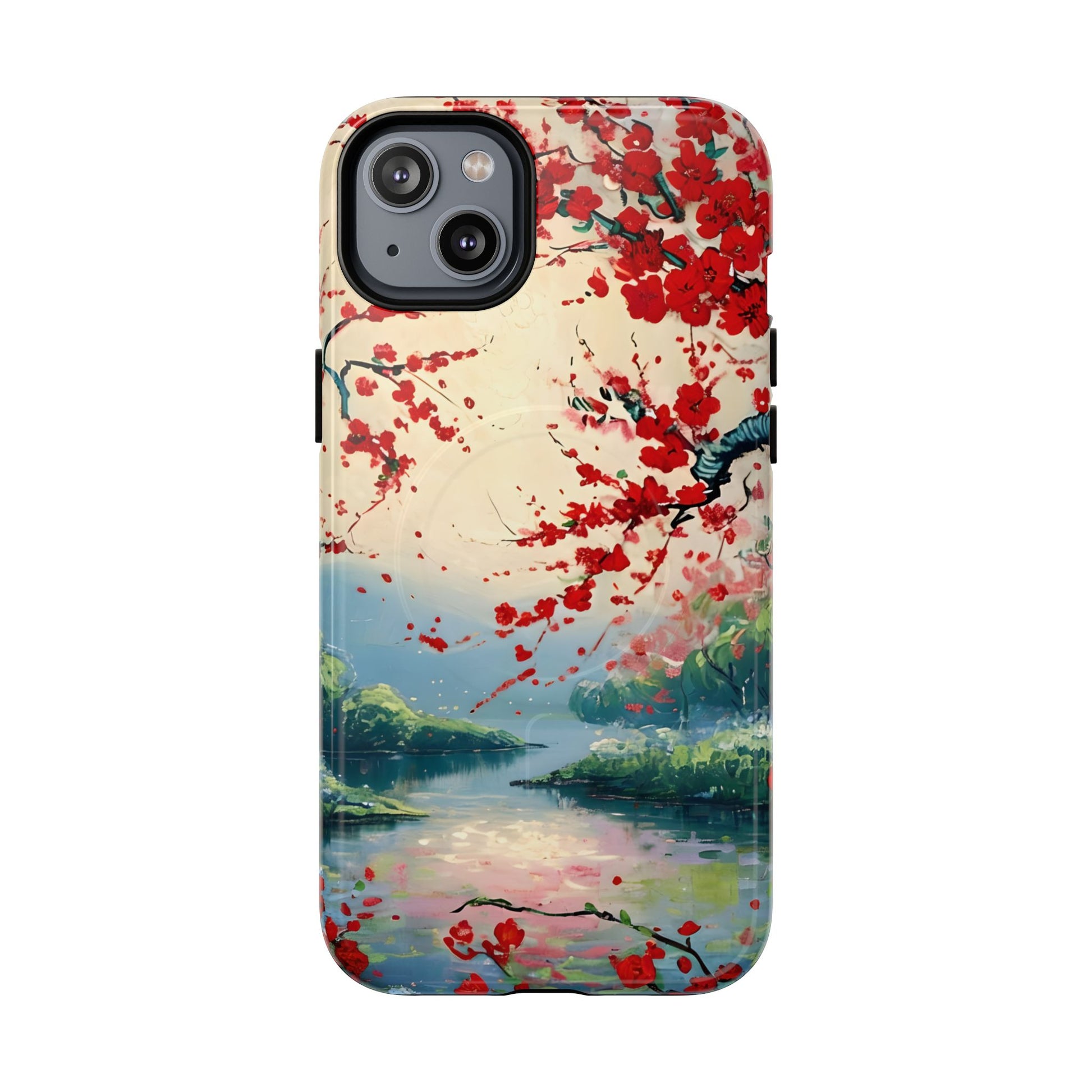 Crimson Blossom Lake - Artistic Floral Landscape iPhone 14 Plus MagSafe Phone Case - Red Cherry Blossoms & Serene Lake Design