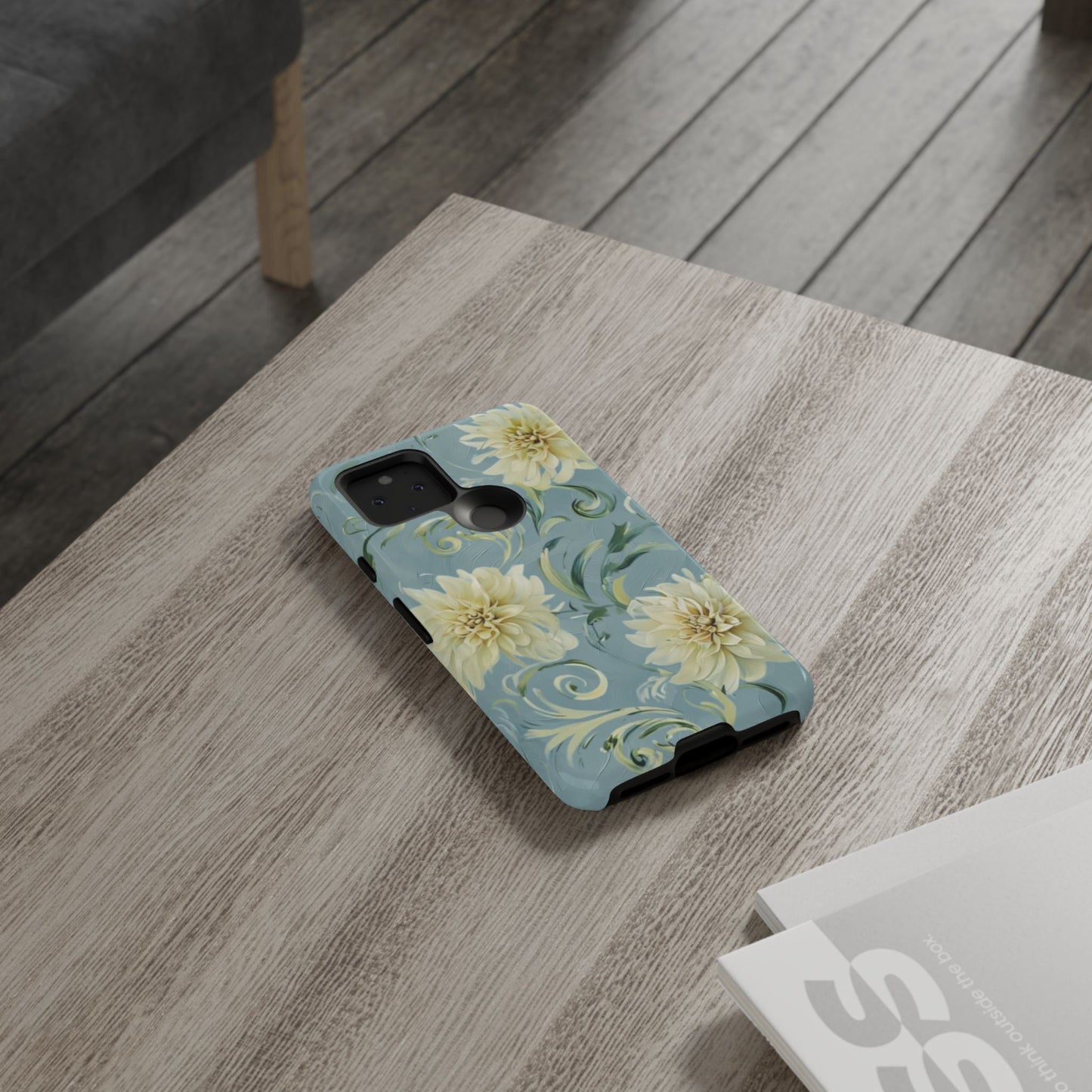 Golden Dahlia Trio - Elegant Floral Google Pixel Tough Phone Case - Artistic White & Blue Dahlia Design