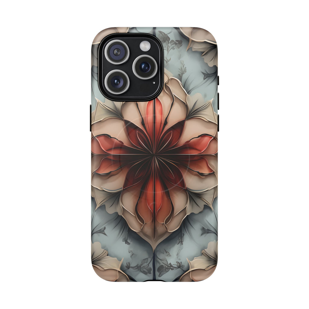 Ember Bloom - Kaleidoscope Collection Artistic Floral iPhone 15 Pro Max MagSafe Phone Case - Fiery Symmetrical Design