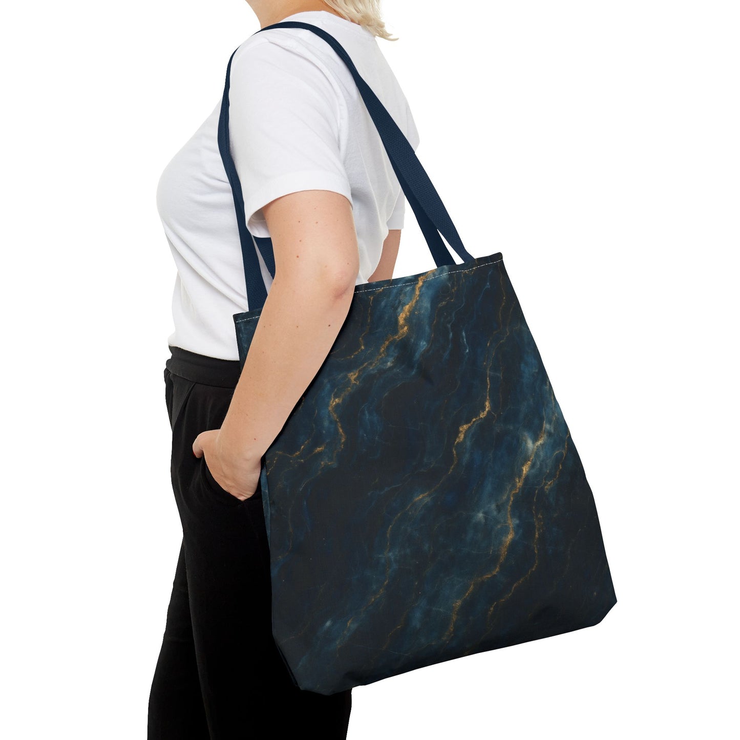 Midnight Marble Tote Bag (16x16 & 18x18)- Deep Navy Stone Design with Gold Veining, Reusable Eco-Friendly Canvas
