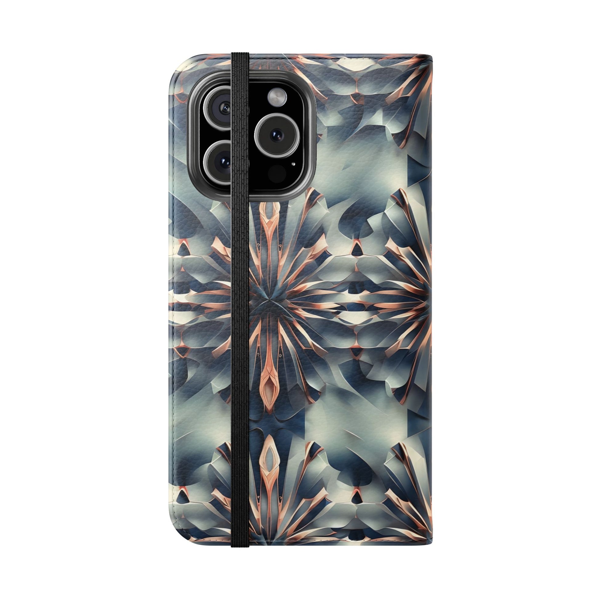 Obsidian Kaleidoscope iPhone 16 Pro Max Wallet Case - Elegant Abstract Flip Cover with Card Slots