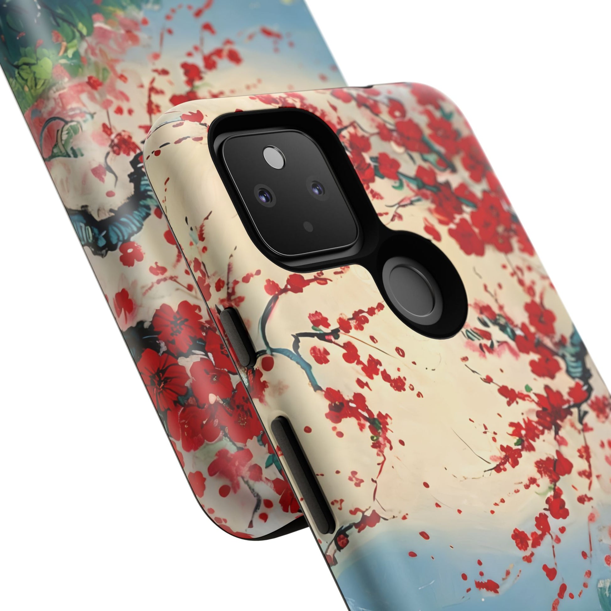 Crimson Blossom Lake - Artistic Floral Landscape Google Pixel 4a 5G Tough Phone Case - Red Cherry Blossoms & Serene Lake Design