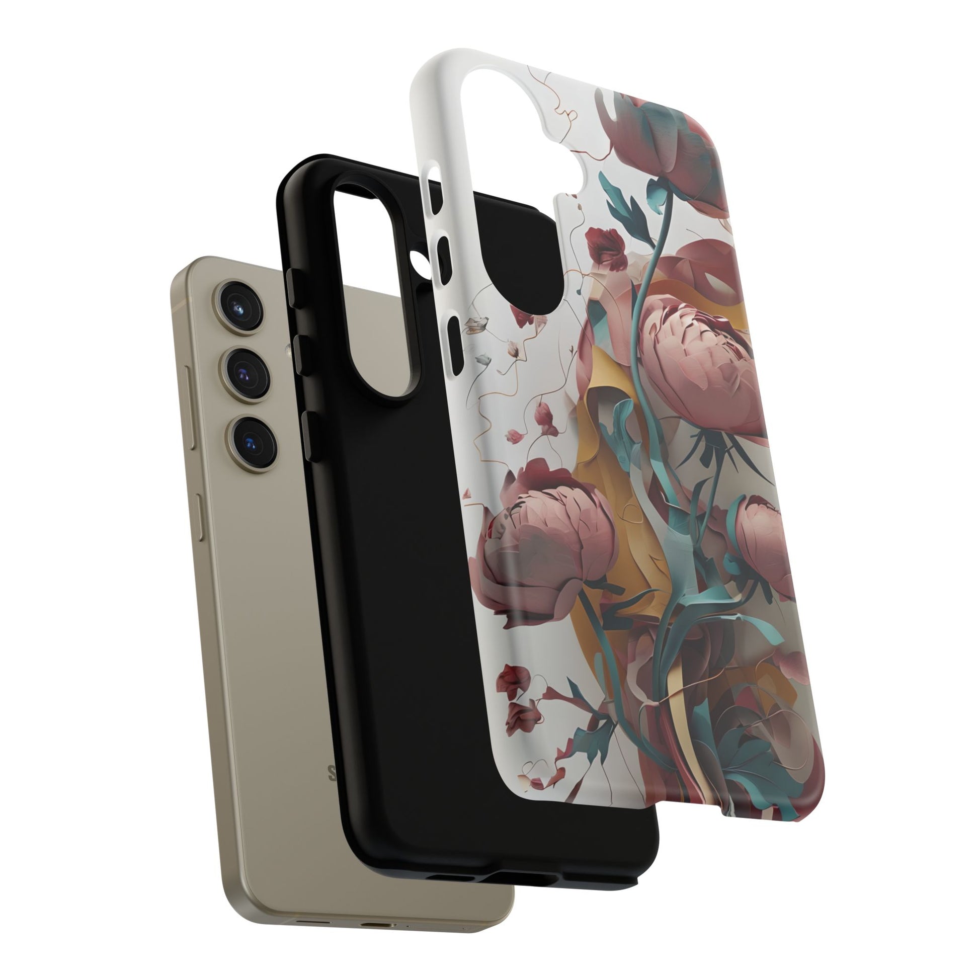 Blushing Peony Veil - Elegant Painterly Floral Samsung Galaxy S24 Tough Phone Case - Soft Blush & Teal Peony Design