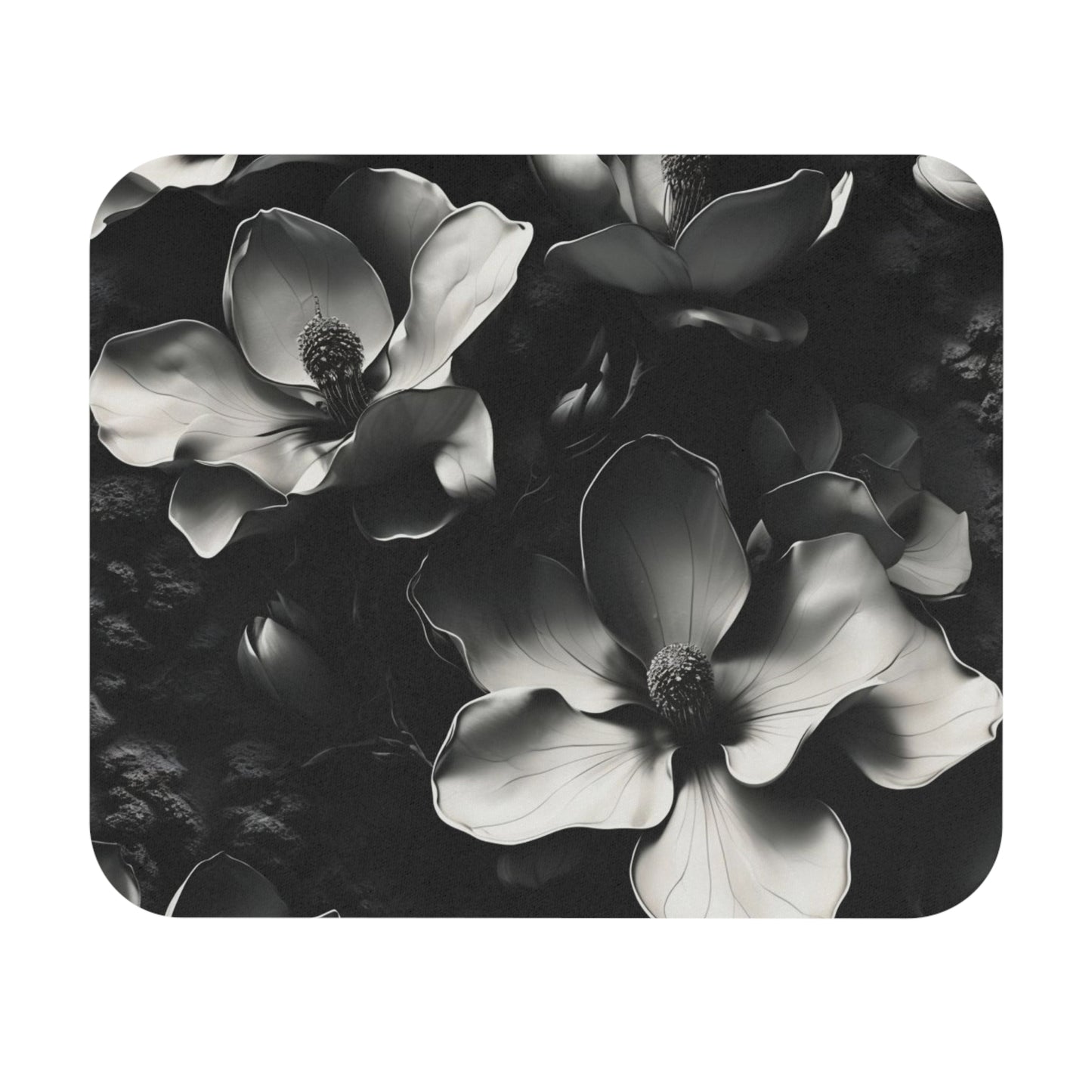 Monochrome Magnolia mouse pad featuring black and white magnolia floral artwork