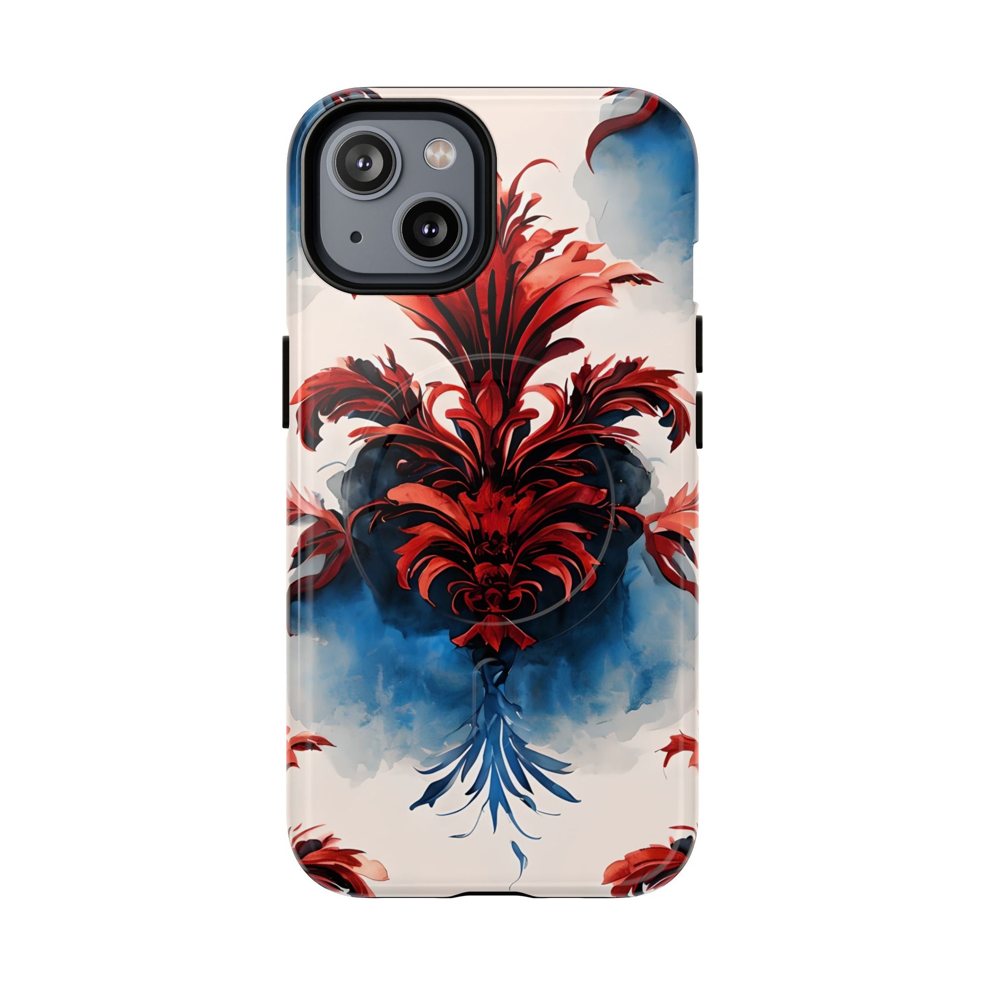Crimson Plume - Bold Artistic Feather iPhone 14 MagSafe Phone Case - Dramatic Red & Blue Design