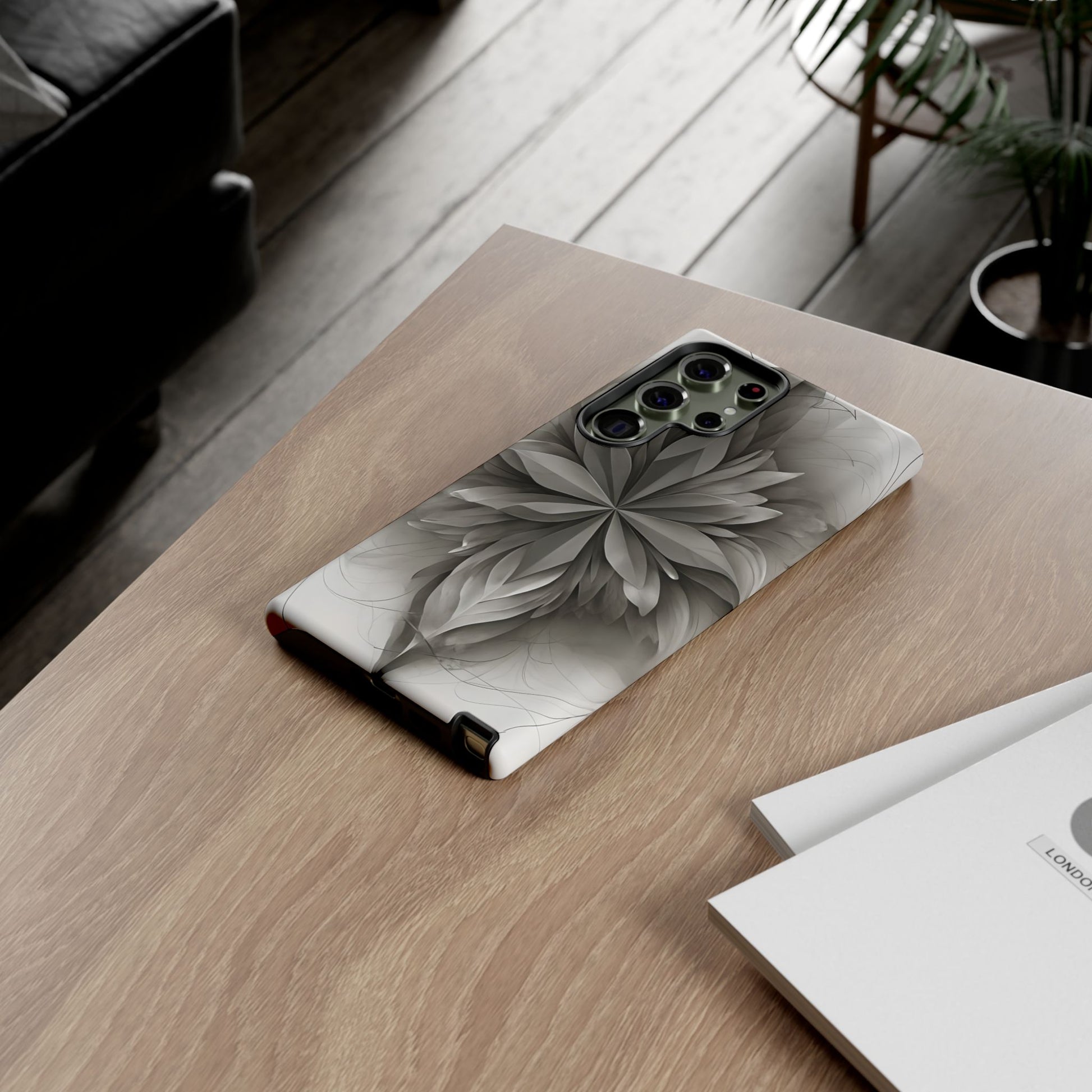 Silver Lotus - Elegant Monochrome Floral Samsung Galaxy S23 Ultra Tough Phone Case - Modern Lotus Design