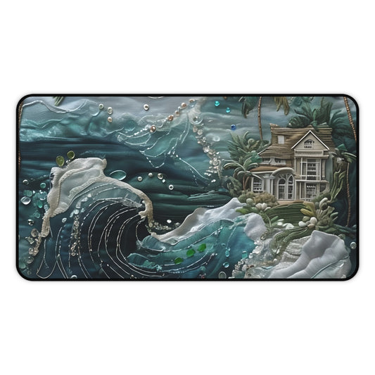 Tropical Midnight Wave desk mat featuring dramatic ocean wave artwork in deep blue tones