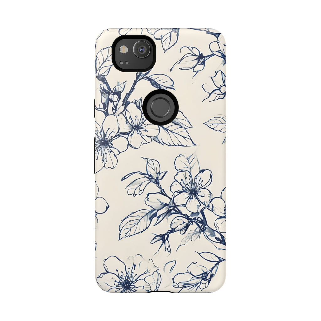 Blossom Sketch - Artistic Blue Floral Google Pixel 2 - Tough Phone Case - Hand-Drawn Botanical Design