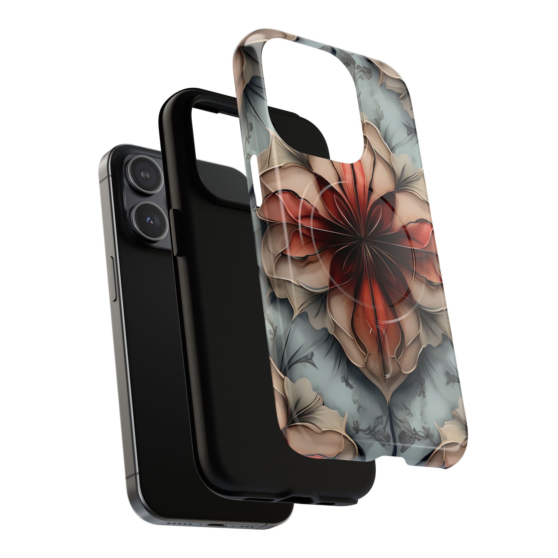 Ember Bloom - Kaleidoscope Collection Artistic Floral iPhone 15 Pro MagSafe Phone Case - Fiery Symmetrical Design