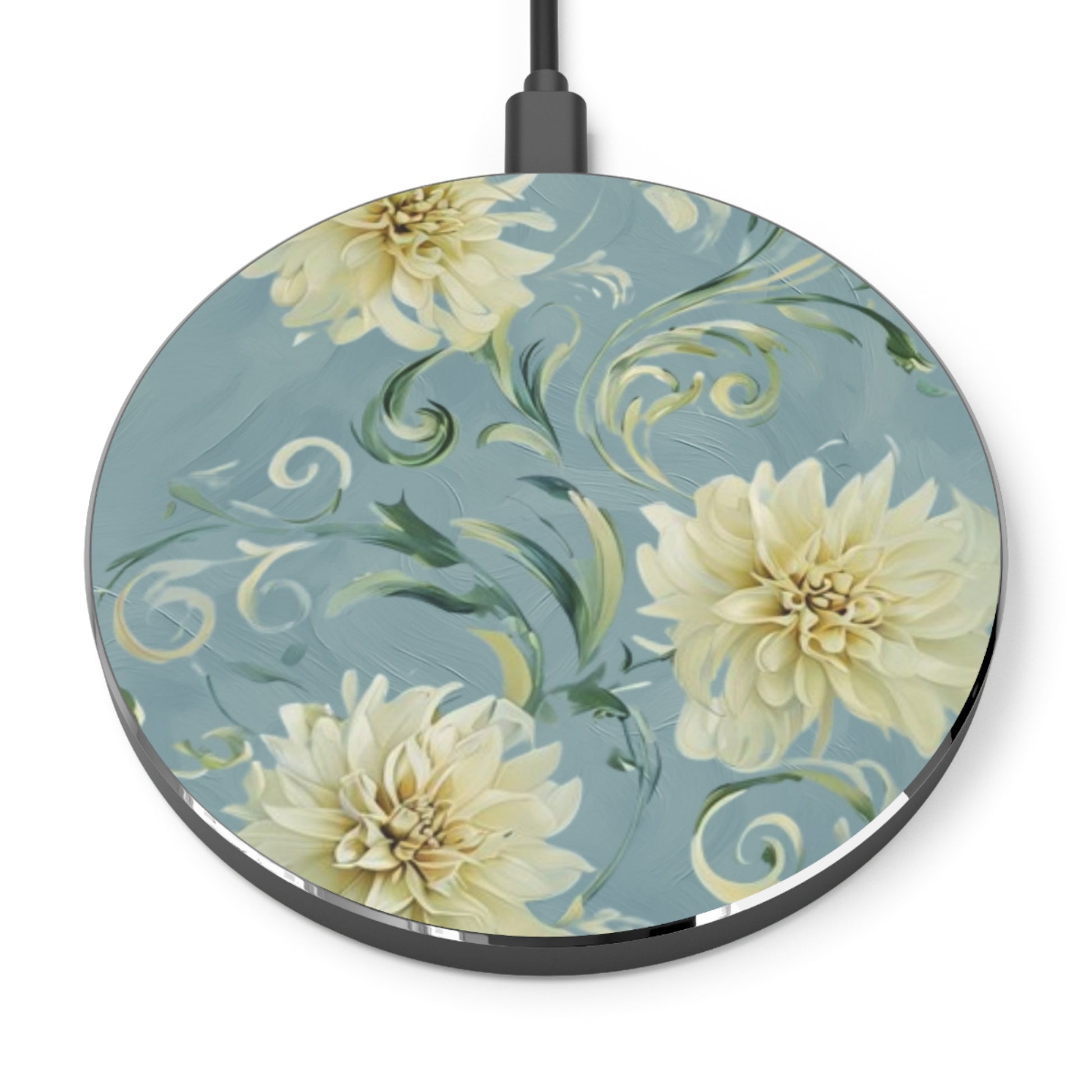Golden Dahlia Trio floral art decorative Qi wireless charger with cream dahlia flowers on soft blue background