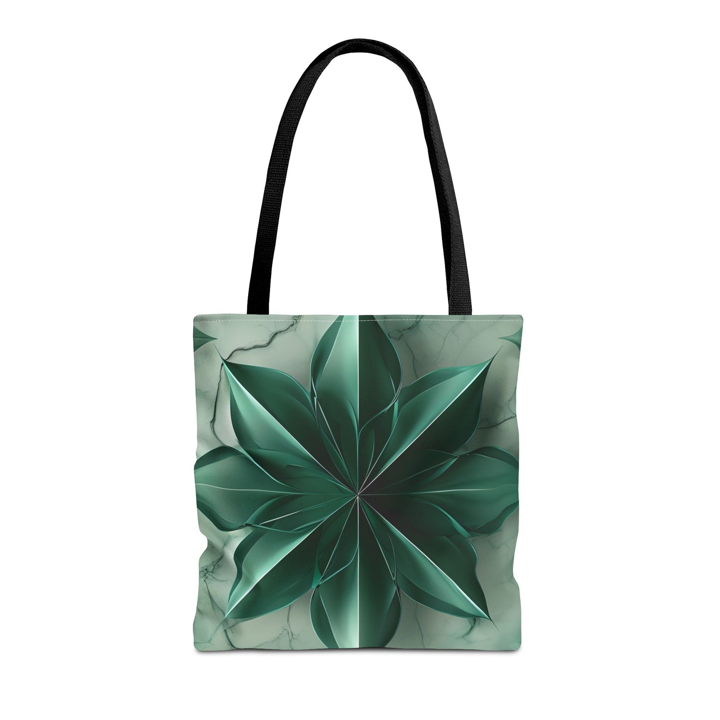Emerald Bloom canvas tote bag featuring green floral bloom pattern with black handles