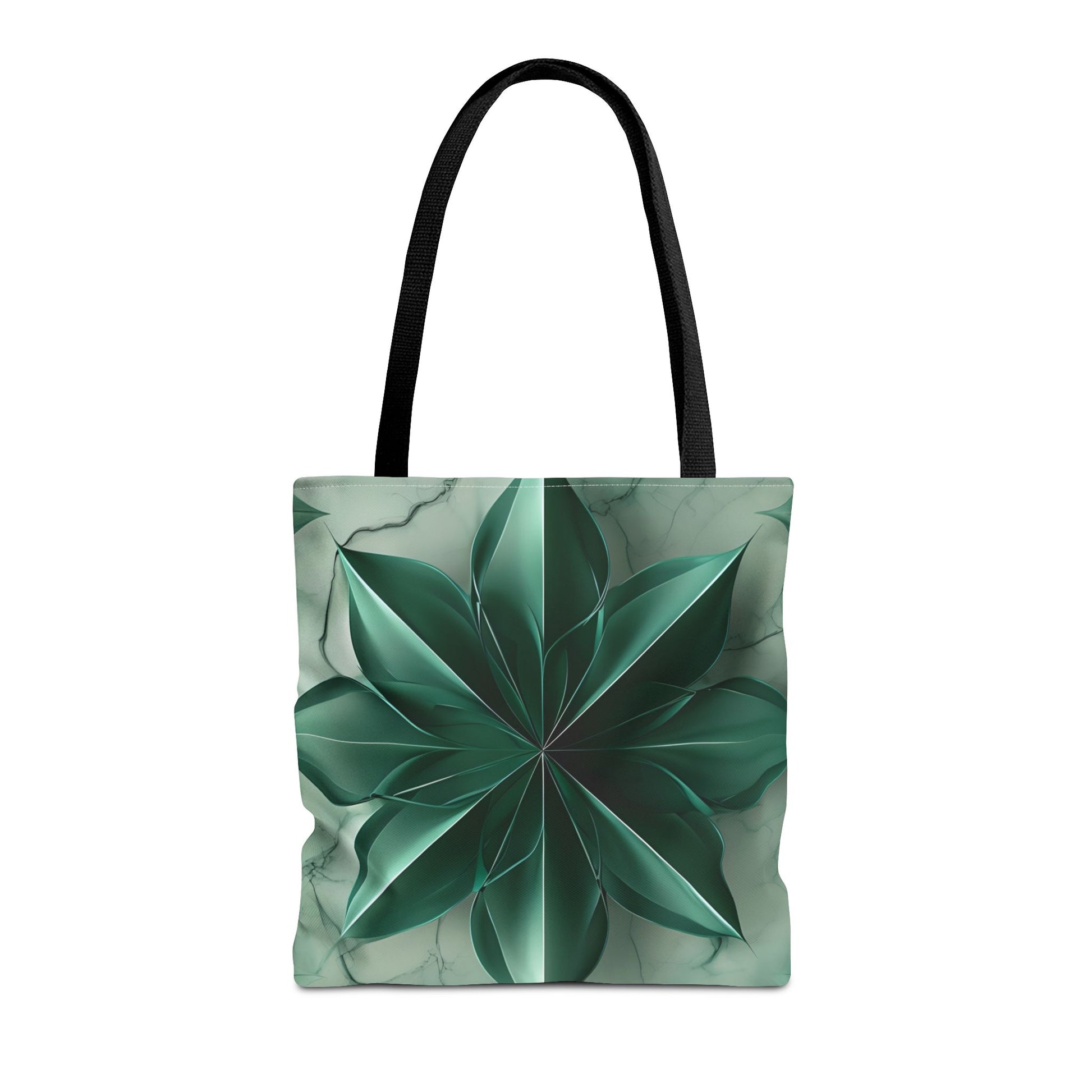 Emerald Bloom canvas tote bag featuring green floral bloom pattern with black handles