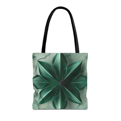 Emerald Bloom canvas tote bag featuring green floral bloom pattern with black handles