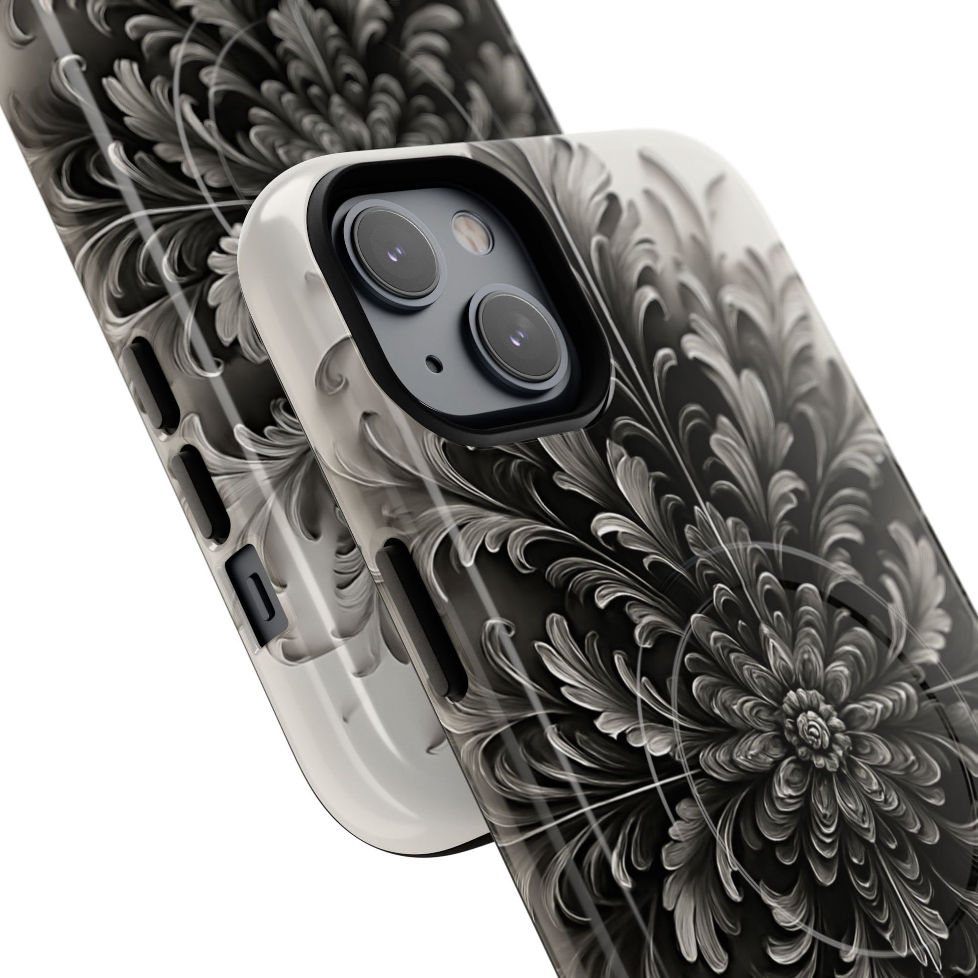 Obsidian Bloom - Elegant Black & White iPhone 14 Plus MagSafe Phone Case - Intricate Mandala Flower Design