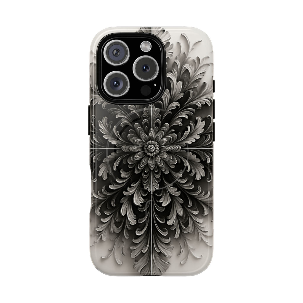 Obsidian Bloom - Elegant Black & White iPhone 16 Pro MagSafe Phone Case - Intricate Mandala Flower Design