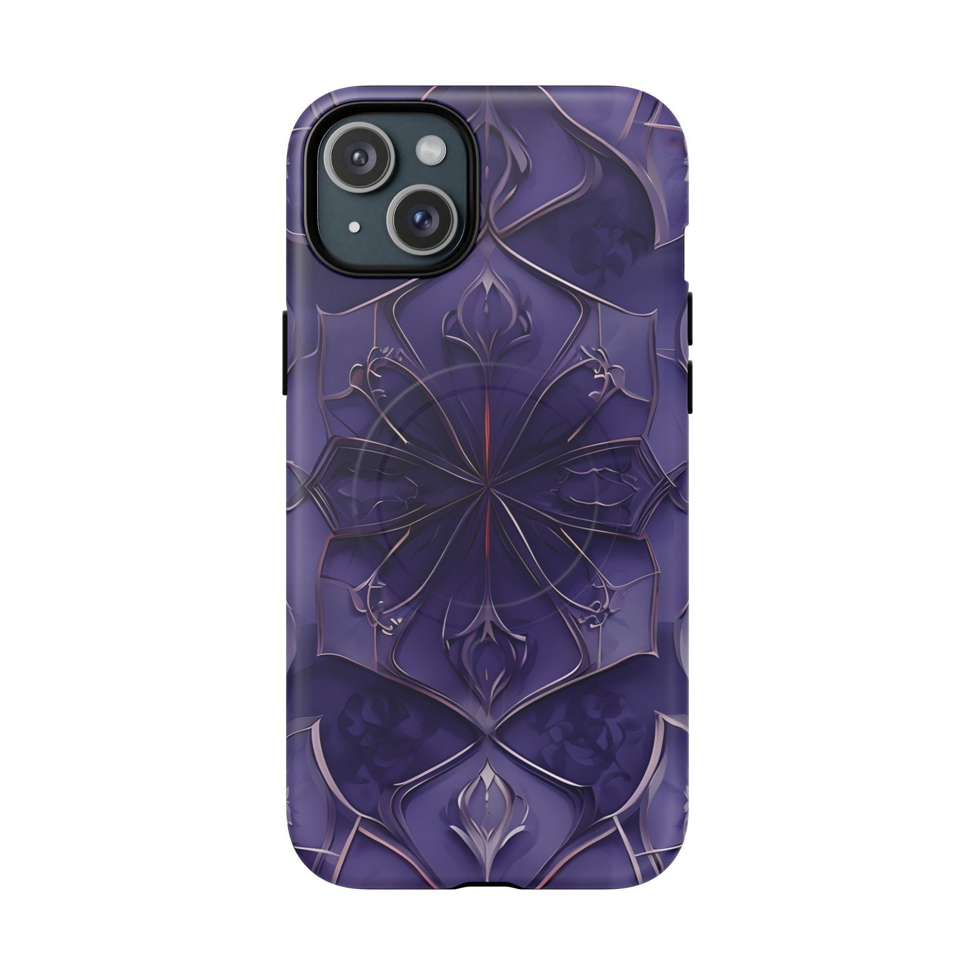 Violet Nebula - Kaleidoscope Collection Artistic Floral Burst - iPhone 15 Plus MagSafe Phone Case -Bold Purple Symmetrical Design