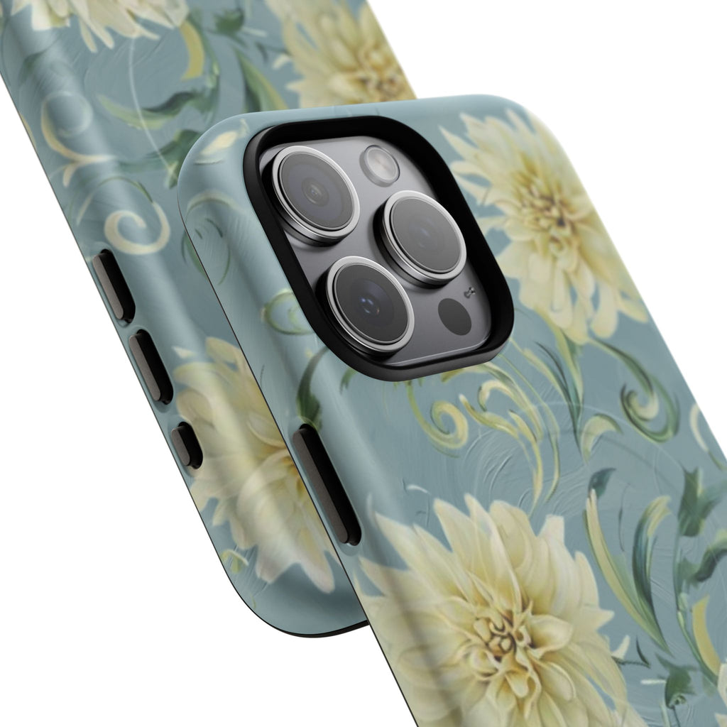 Golden Dahlia Trio - Elegant Floral iPhone 15 Pro Max MagSafe Phone Case - Artistic White & Blue Dahlia Design