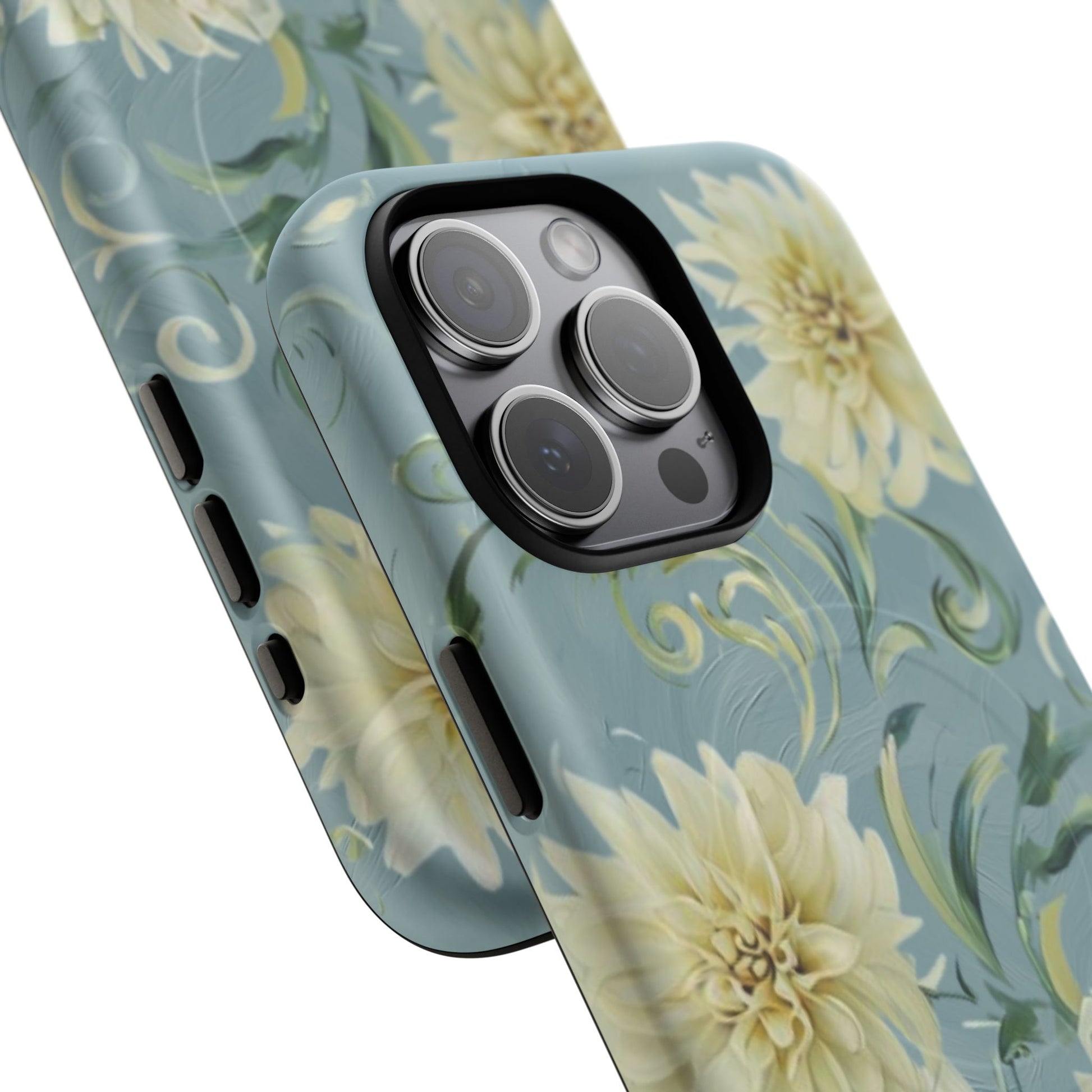 Golden Dahlia Trio - Elegant Floral iPhone 15 Pro Max MagSafe Phone Case - Artistic White & Blue Dahlia Design
