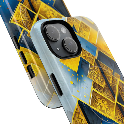 Golden Ascent abstract blue and gold geometric diamond lattice iPhone MagSafe case angled view