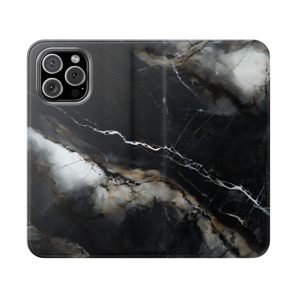 Obsidian Vein Wallet Phone Case - Black & White Marble - Flip Cover for iPhone 16 Pro Max