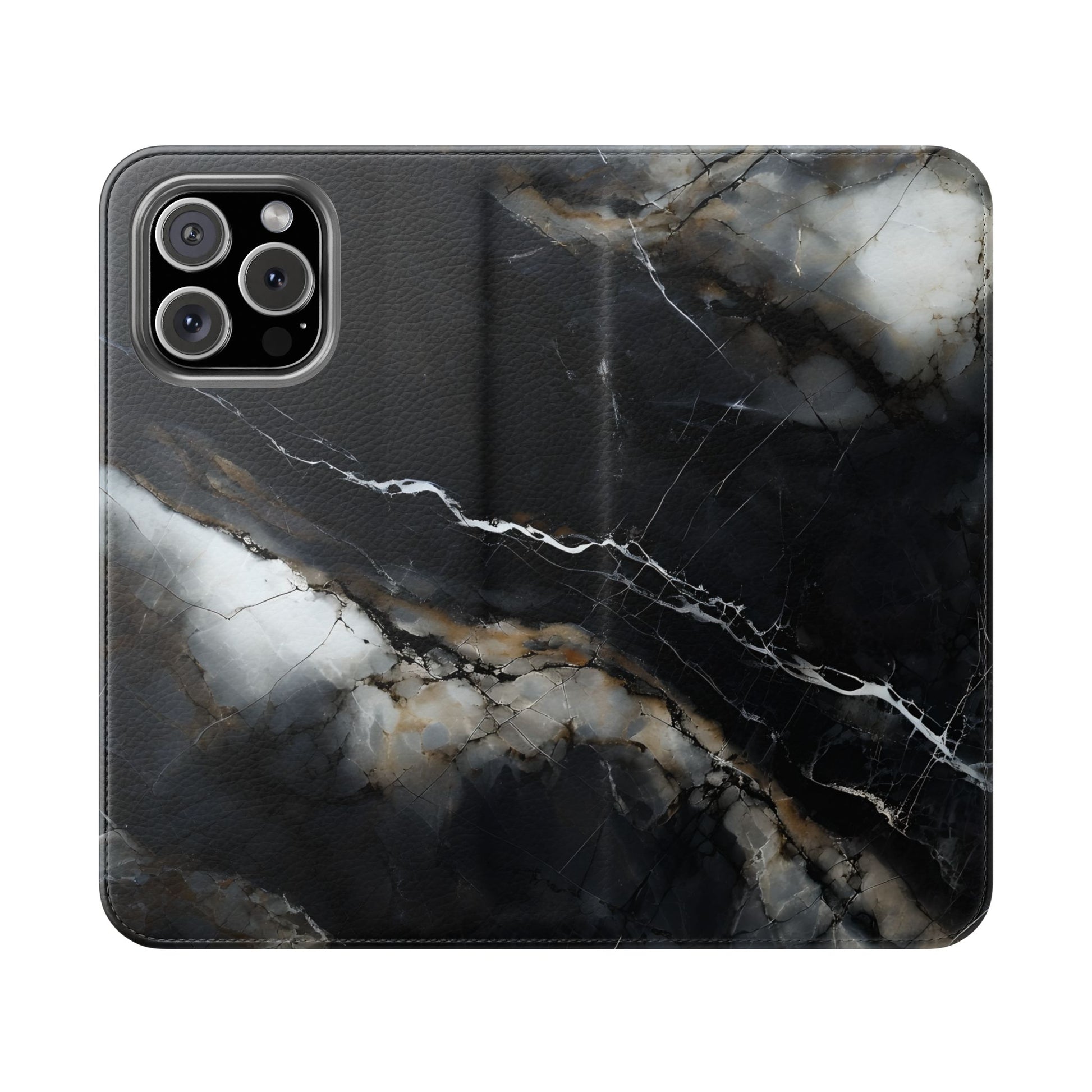 Obsidian Vein Wallet Phone Case - Black & White Marble - Flip Cover for iPhone 16 Pro Max