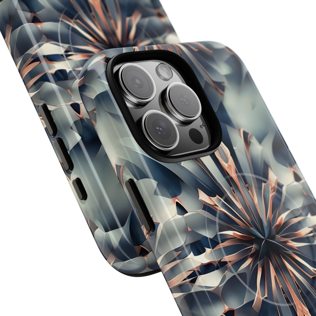 Obsidian Kaleidoscope Artistic Floral Burst - iPhone 16 Pro Max MagSafe Phone Case -Blue, Peach and Silver Symmetrical Design