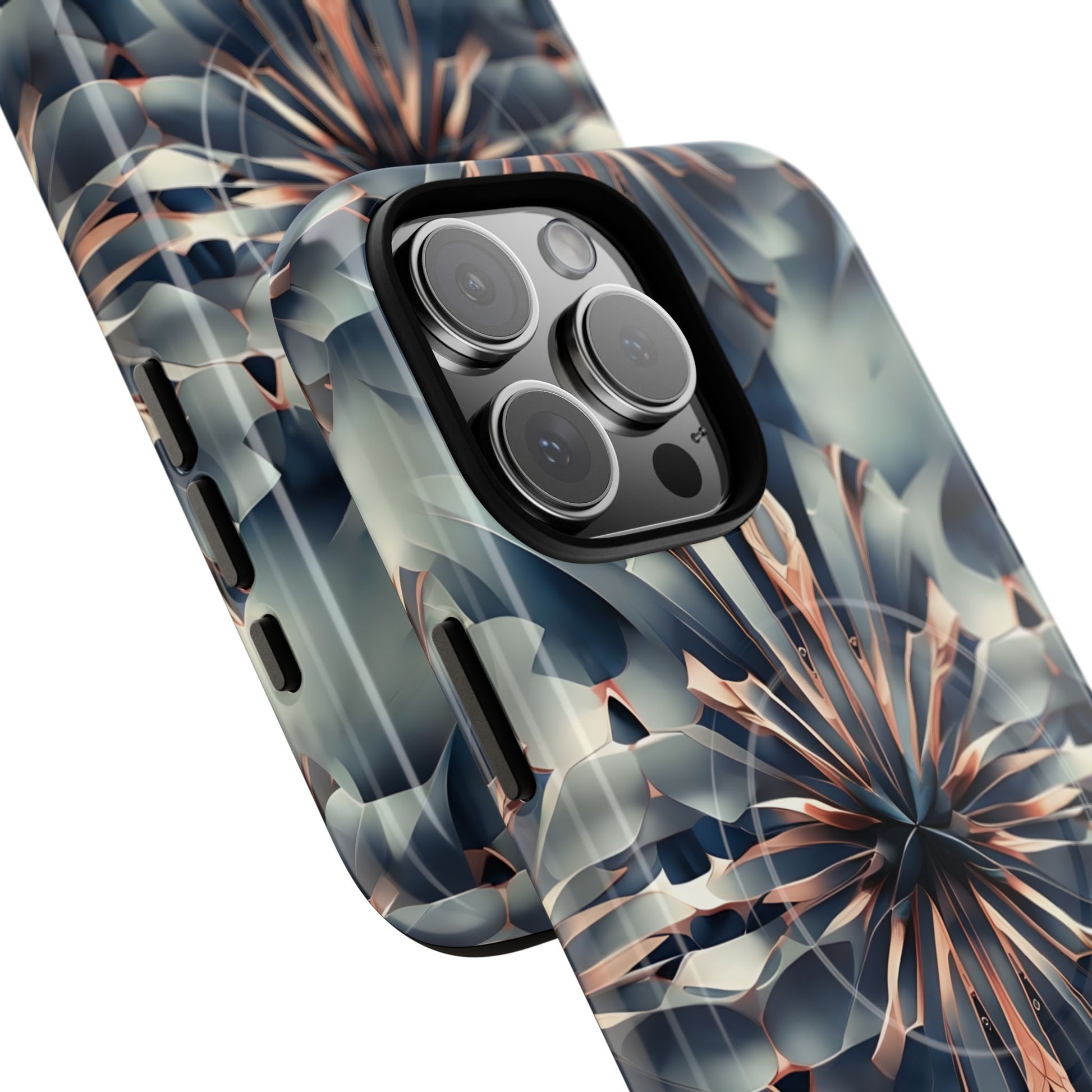 Obsidian Kaleidoscope Artistic Floral Burst - iPhone 16 Pro Max MagSafe Phone Case -Blue, Peach and Silver Symmetrical Design