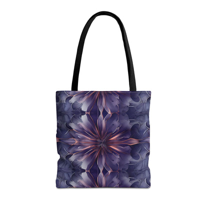 Twilight Tapestry canvas tote bag featuring intricate purple and indigo tapestry pattern with black handles