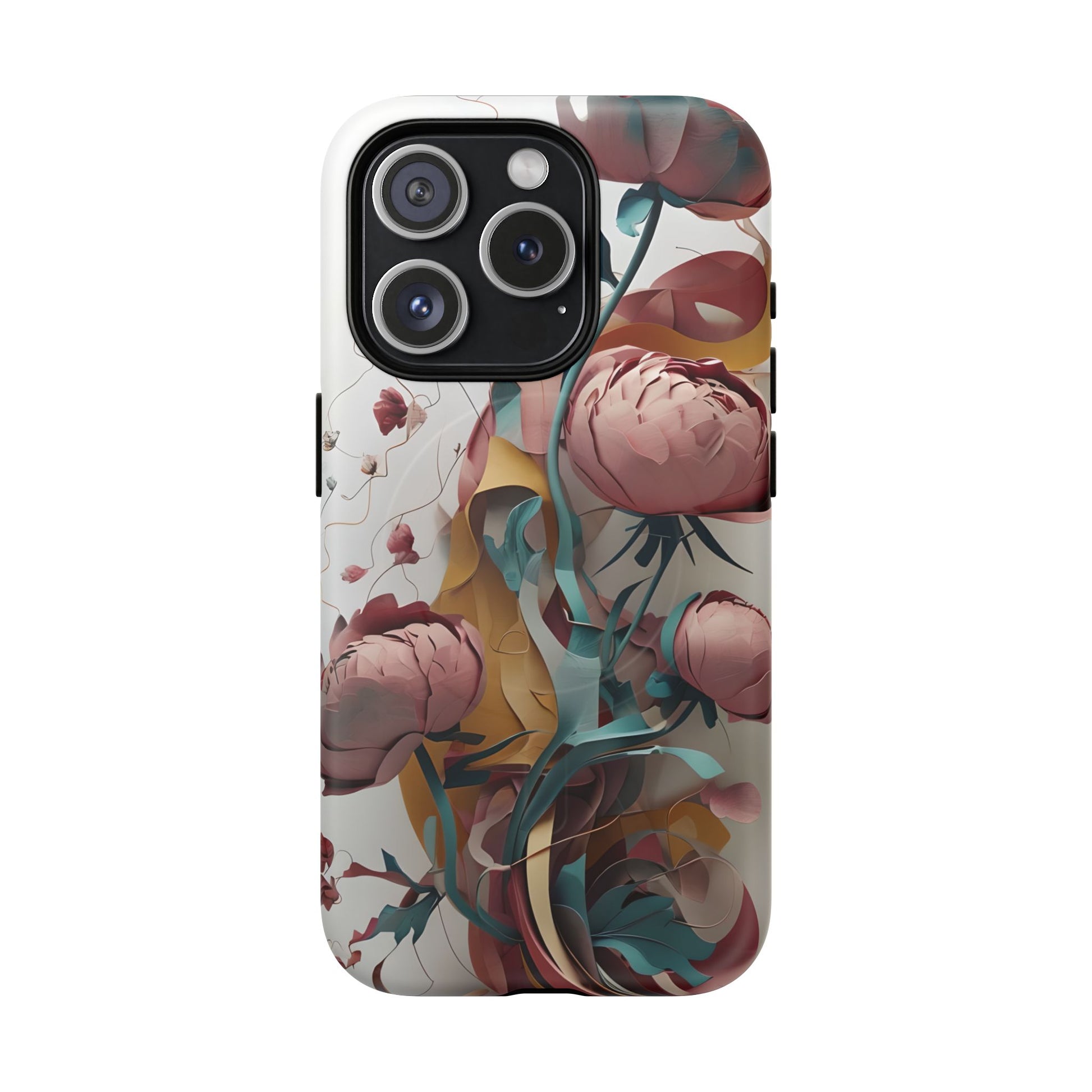 Blushing Peony Veil - Elegant Painterly Floral iPhone 15 Pro MagSafe Phone Case - Soft Blush & Teal Peony Design