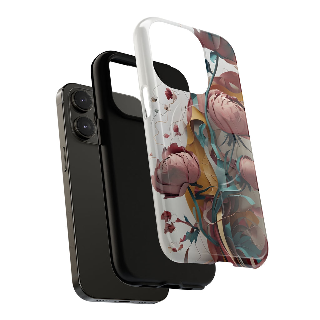 Blushing Peony Veil - Elegant Painterly Floral iPhone 14 Pro MagSafe Phone Case - Soft Blush & Teal Peony Design