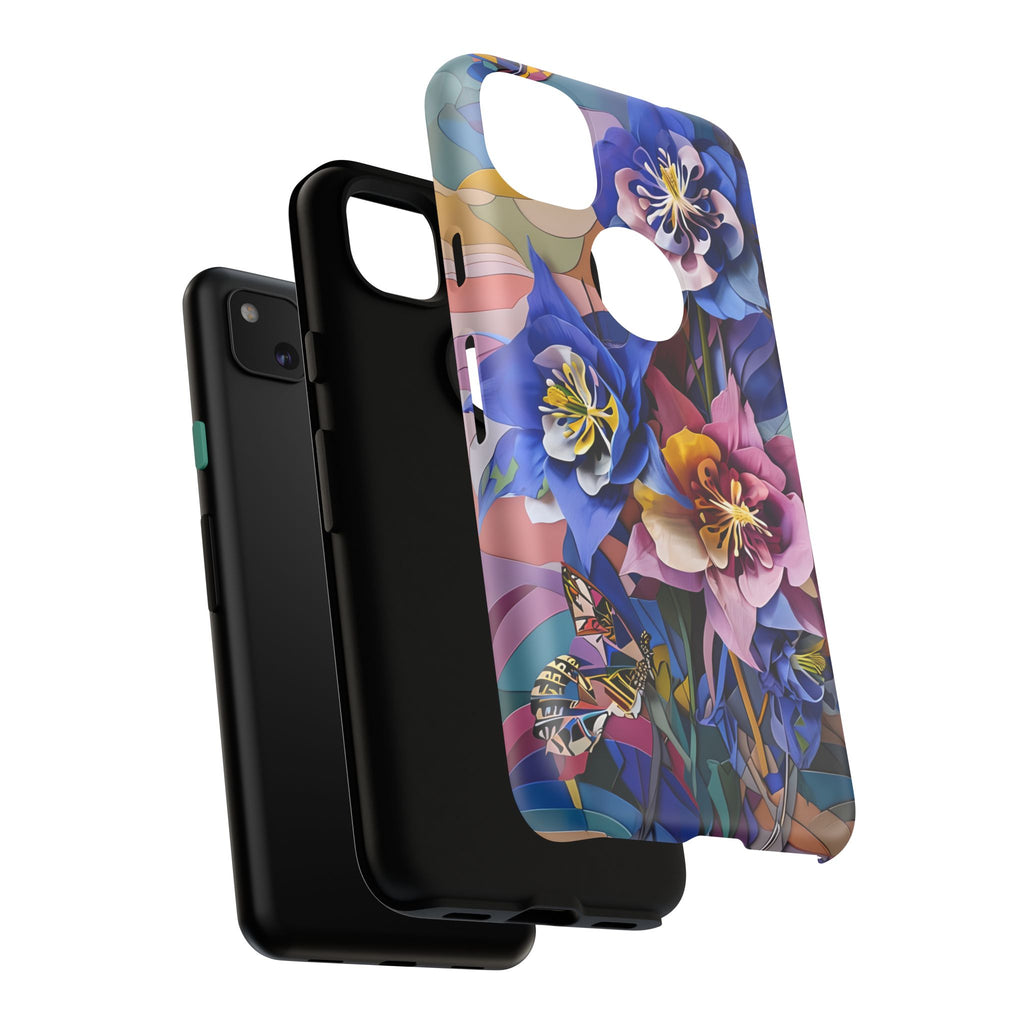 Blue Columbine Carnivale - Artistic Floral & Butterfly Google Pixel 4a Tough Phone Case - Vibrant Botanical Design