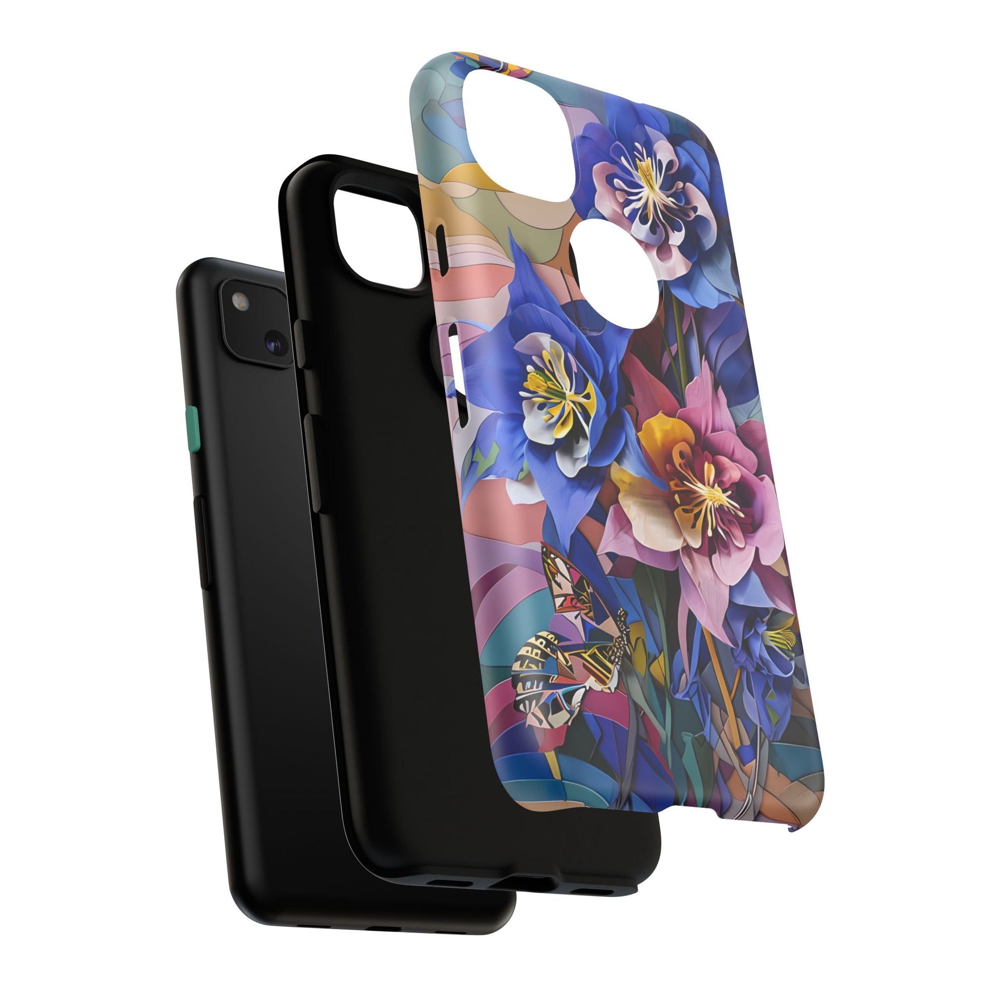 Blue Columbine Carnivale - Artistic Floral & Butterfly Google Pixel 4a Tough Phone Case - Vibrant Botanical Design