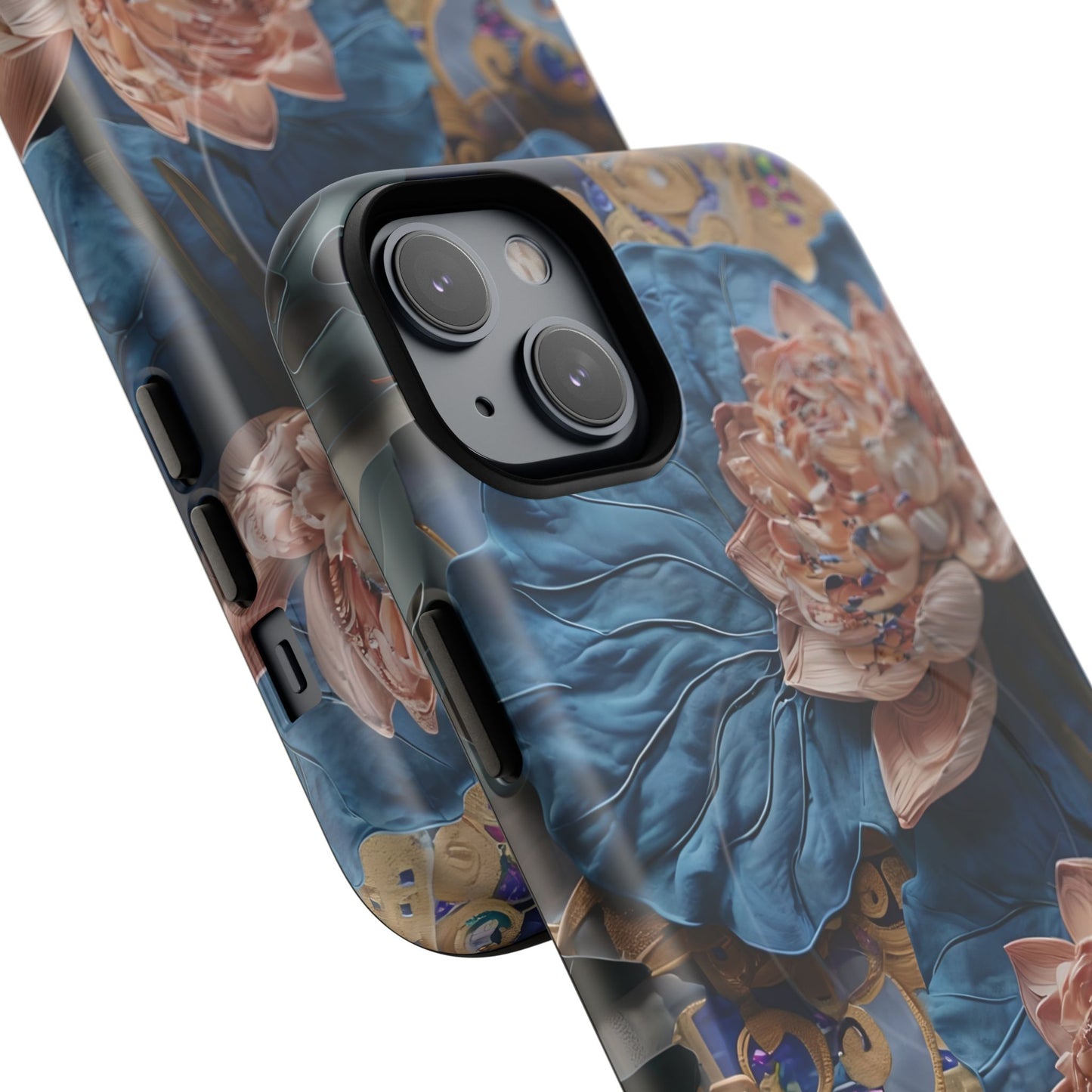 Peony Midnight Tapestry - iPhone Case- MagSafe Compatible - Elegant Blue & Blush Artful Phone Cover