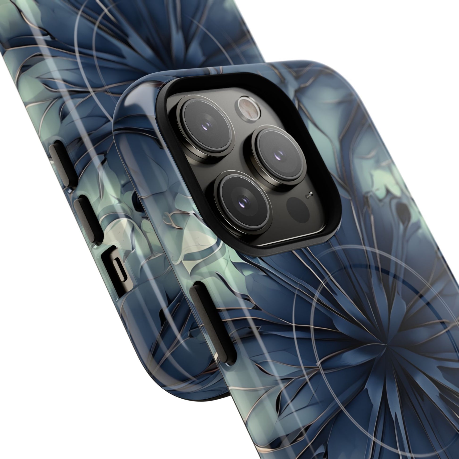Indigo Mosaic - Artistic Kaleidoscope Collection Artistic Floral - iPhone 14 Pro MagSafe Phone Case -Bold Blue Symmetrical Design