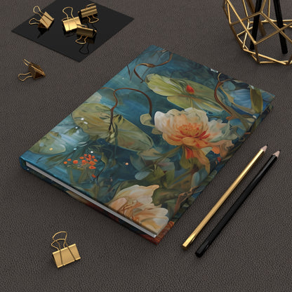 Waterlily Nocturne hardcover journal on desk with pencils and stationery