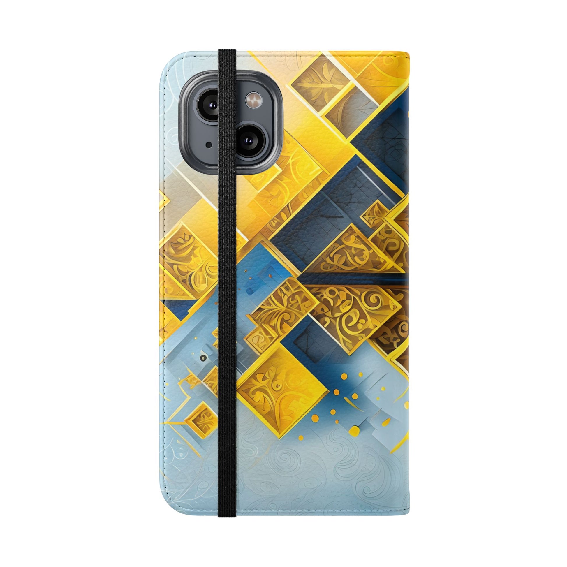 Golden Ascent Wallet Phone Case - Abstract Yellow & Blue Flip Cover for iPhone 14