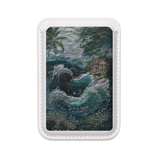 Tropical Midnight Wave MagSafe card holder with moonlit ocean wave and tropical landscape on white magnetic wallet.