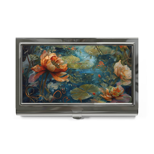 Waterlily Nocturne Business Card Holder - Tranquil Floral Design with Dreamy Mountain Lake