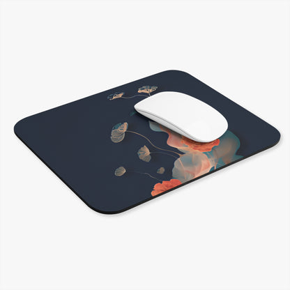 Lotus Reverie mouse pad in workspace with mouse showing lotus floral design