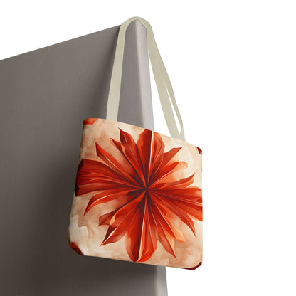 Sunset Fleur canvas tote bag hanging with bright orange floral bloom design