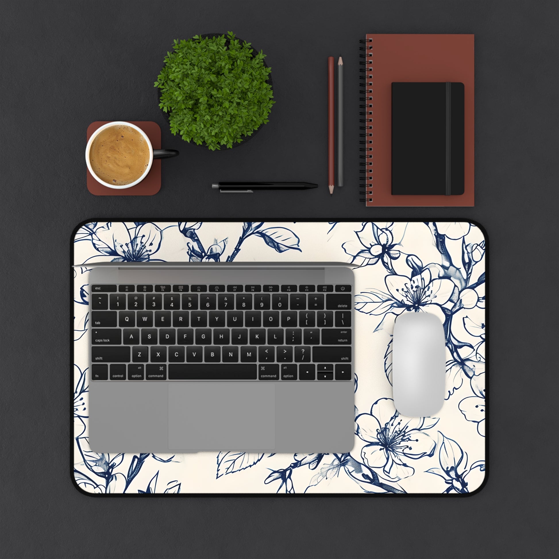 Blossom Sketch Designer Desk Mat - Premium Office Desk Pad, 3 Sizes Available, Blue Floral Botanical Workspace Protection