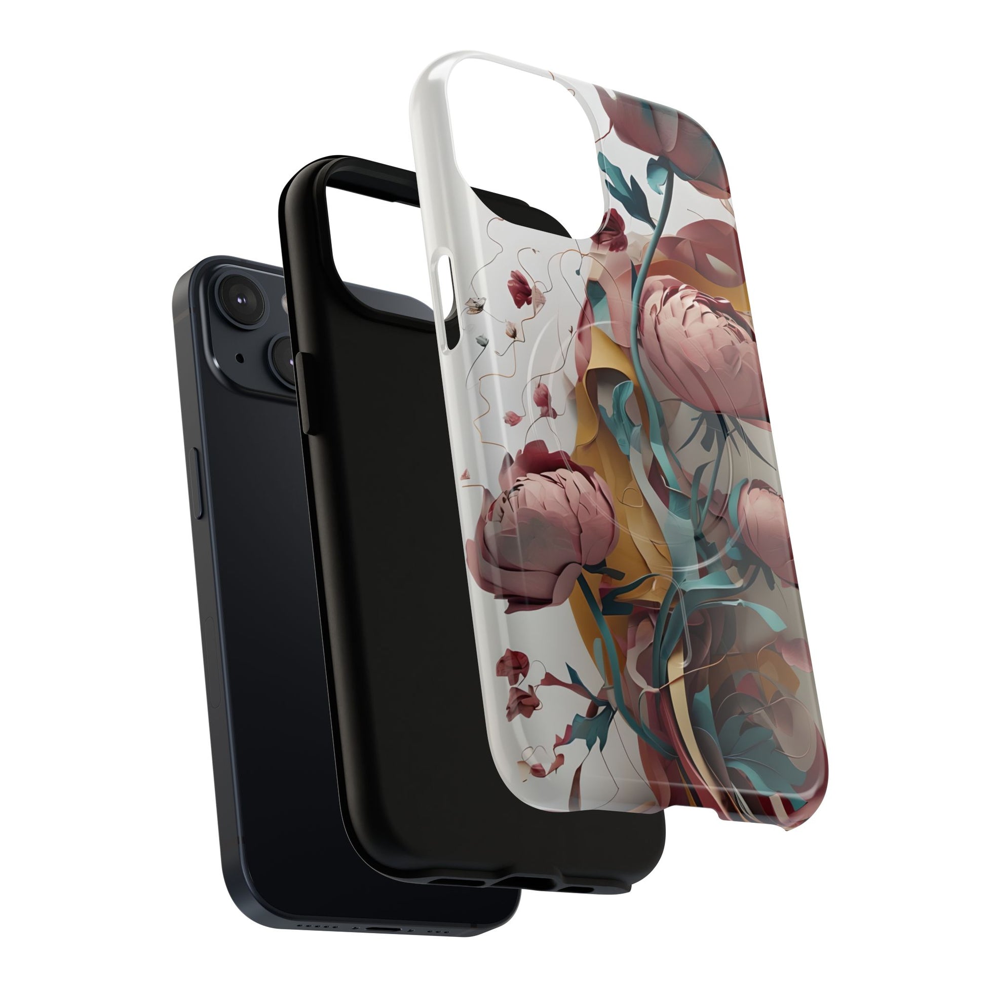 Blushing Peony Veil - Elegant Painterly Floral iPhone 14 MagSafe Phone Case - Soft Blush & Teal Peony Design