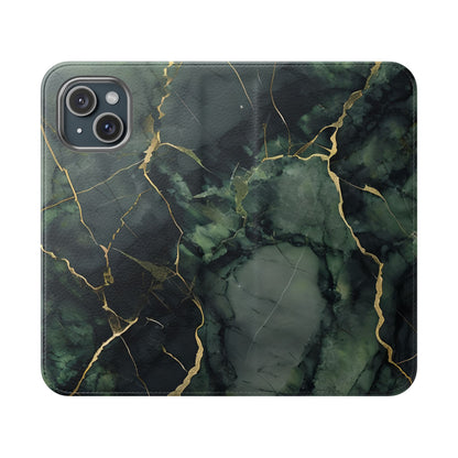 Verdant Vein green marble iPhone wallet flip phone case with gold veining