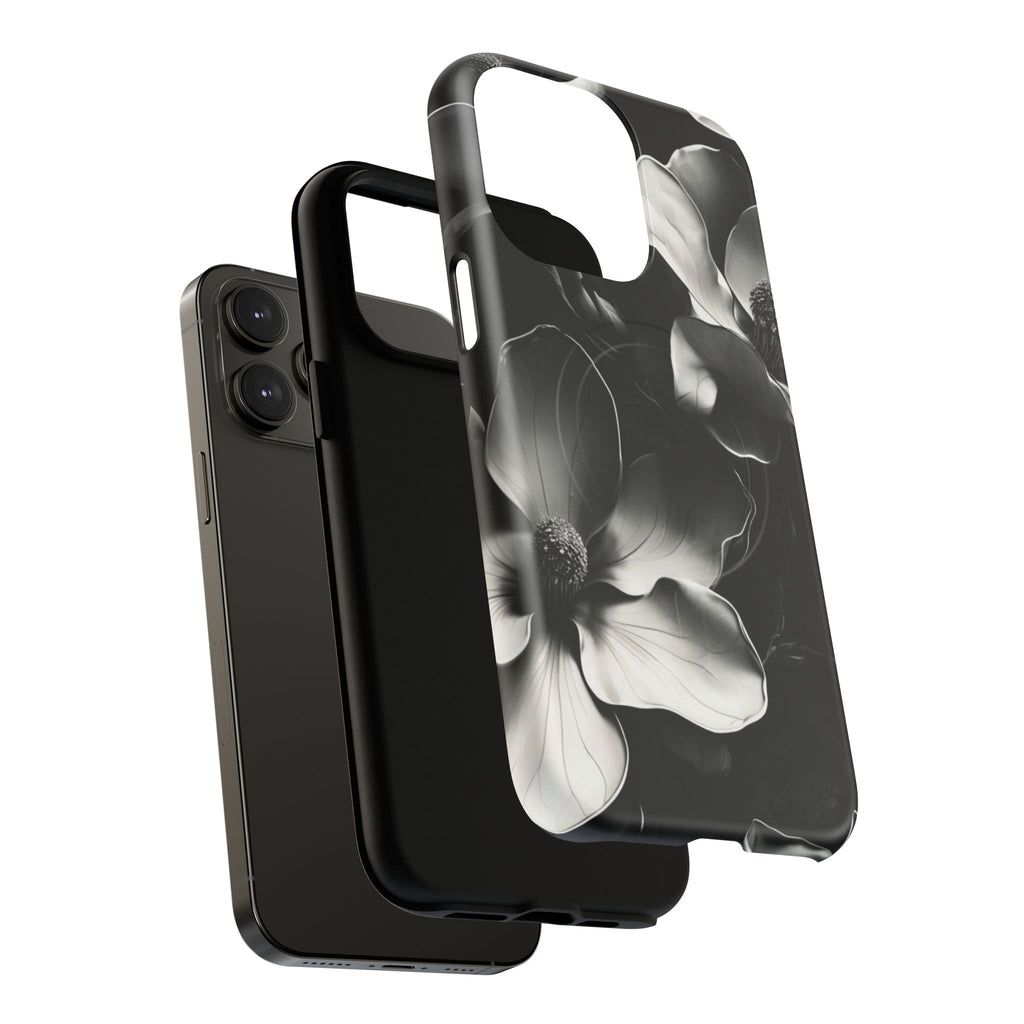 Monochrome Magnolia - Elegant Black & White Floral iPhone 14 Pro Max MagSafe Phone Case - Artistic Magnolia Design