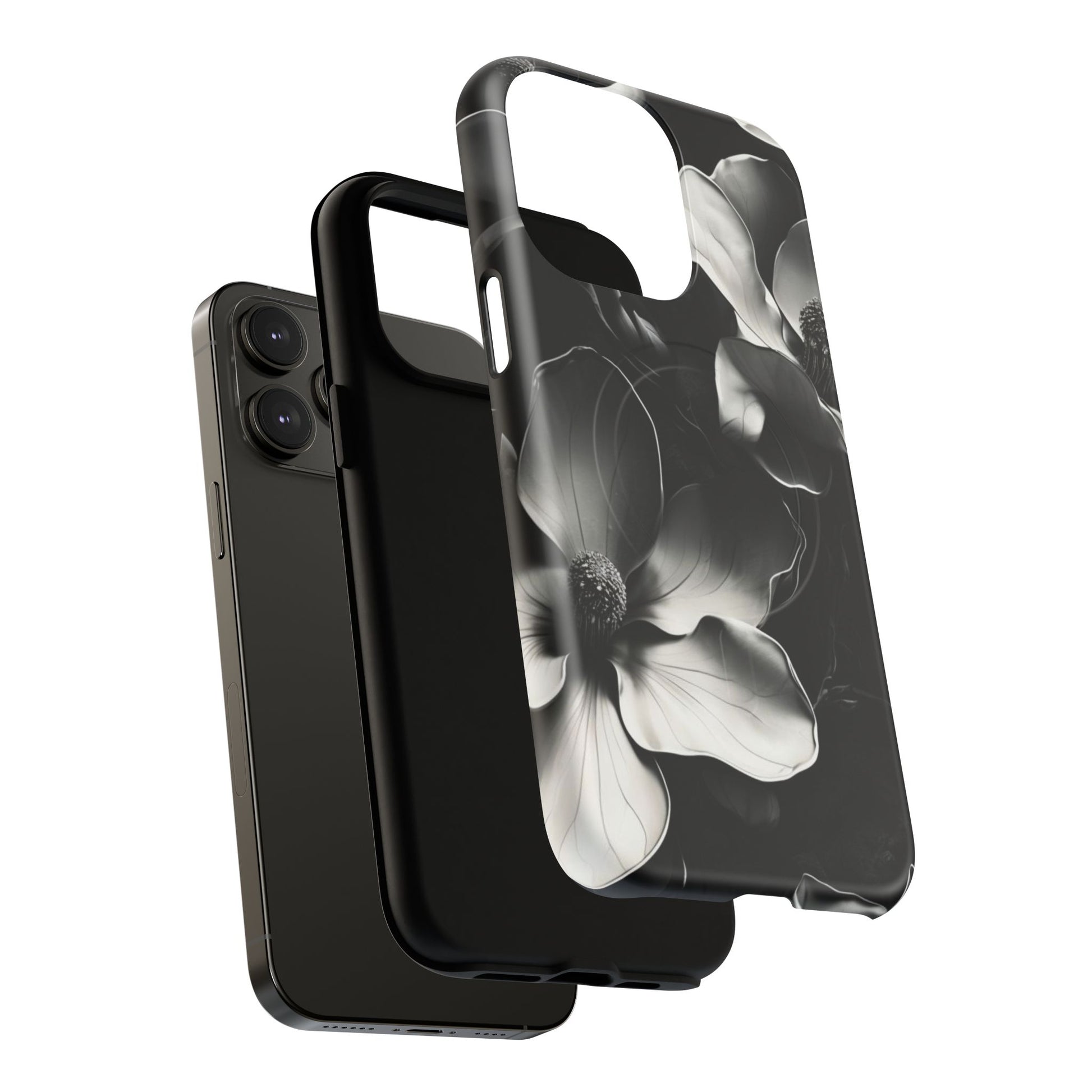 Monochrome Magnolia - Elegant Black & White Floral iPhone 14 Pro Max MagSafe Phone Case - Artistic Magnolia Design