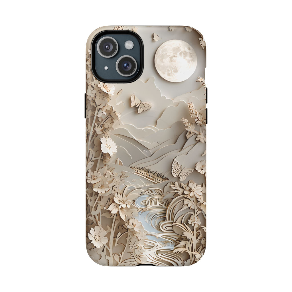 Moonlit Garden - Elegant Neutral Floral iPhone 15 Plus MagSafe Phone Case - Painterly Botanical & Moon Design