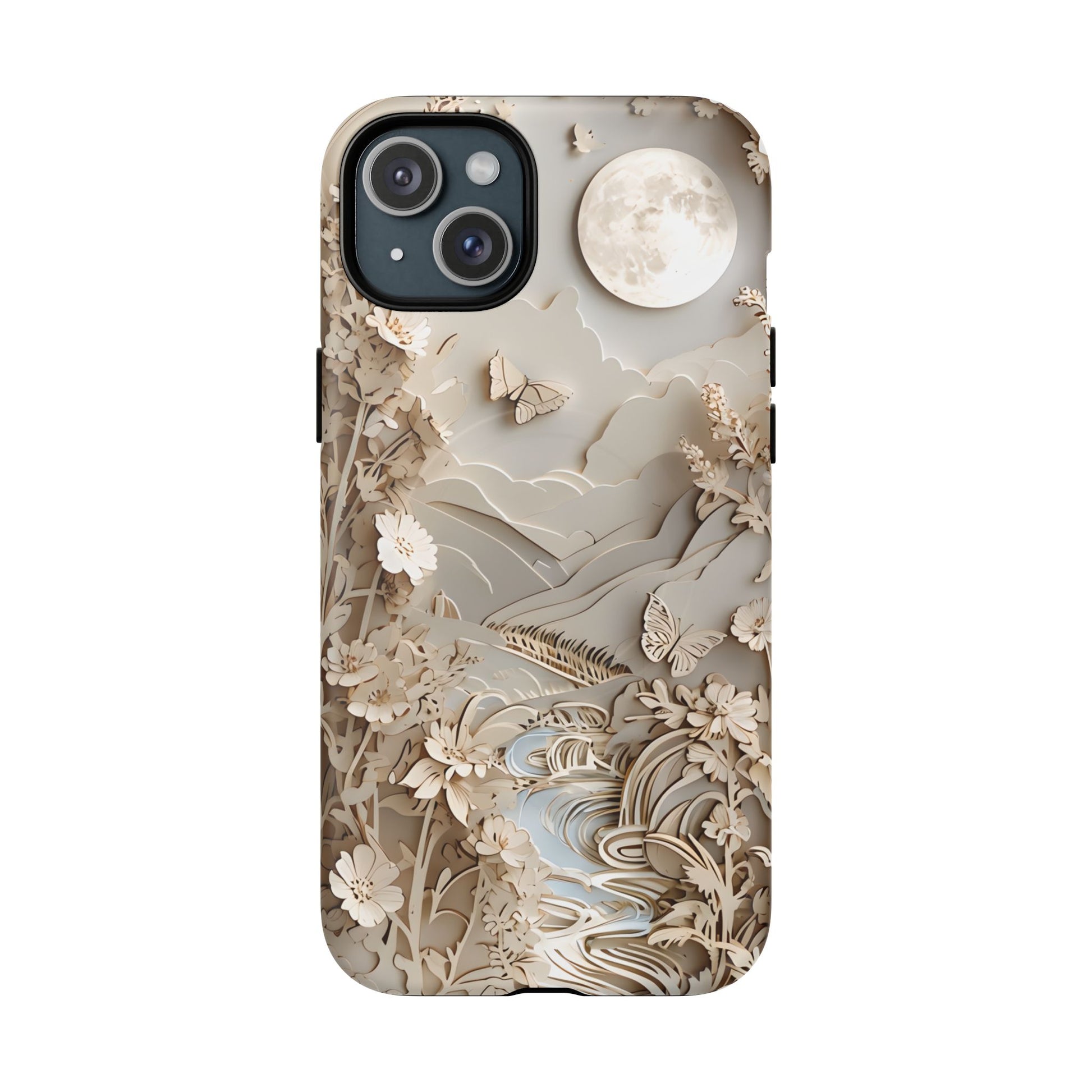Moonlit Garden - Elegant Neutral Floral iPhone 15 Plus MagSafe Phone Case - Painterly Botanical & Moon Design