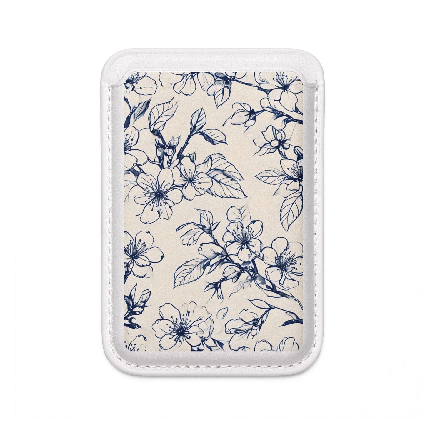 Blossom Sketch blue floral line art MagSafe card holder with botanical sketch design on white magnetic wallet.