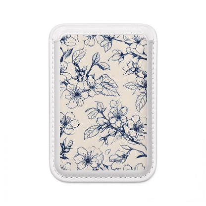 Blossom Sketch blue floral line art MagSafe card holder with botanical sketch design on white magnetic wallet.