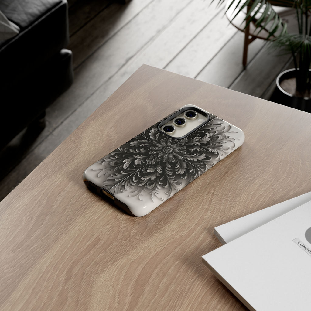 Obsidian Bloom - Elegant Black & White Samsung Galaxy S23 Tough Phone Case - Intricate Mandala Flower Design
